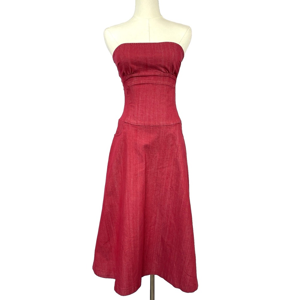 VTG 90s Y2K Strapless Denim Corset Dress Size S Red Pockets Grunge Indie Sleaze
